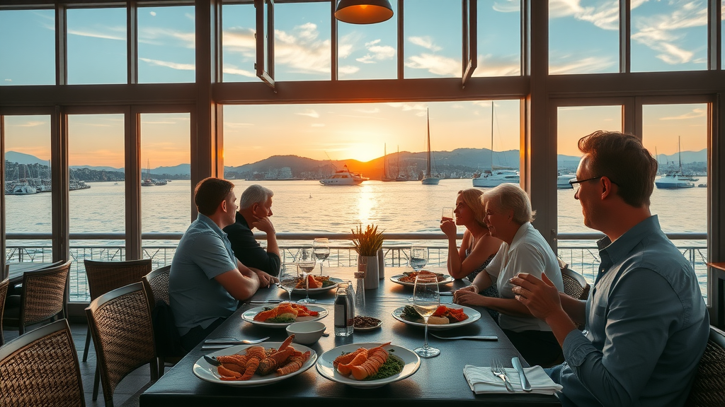Elegant waterfront restaurant patio in North Vancouver, guests enjoying fresh seafood, sunset harbor views, natural lighting, photorealistic detail