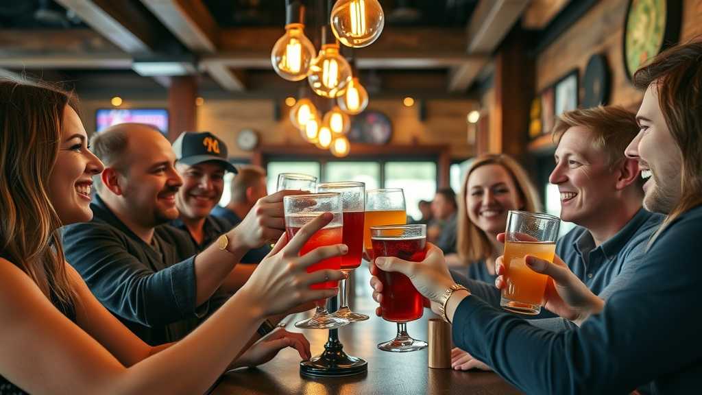 Lively North Vancouver bar scene, friends sharing happy hour drinks and laughter, rustic decor, vibrant atmosphere