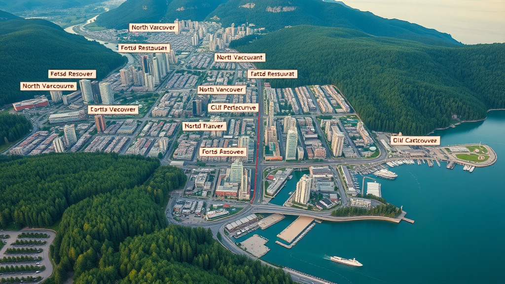 Map of North Vancouver with best restaurant locations highlighted, natural scenery, clear foodie routes and city landmarks, aerial cinematic view