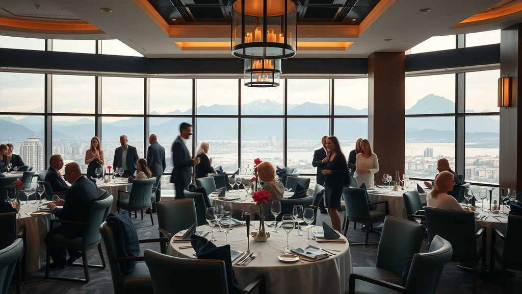 Classy private dining room for private events at best restaurant North Vancouver, elegant table settings, panoramic city and mountain views