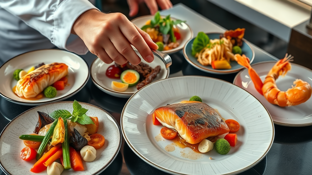 Artfully plated West Coast cuisine at best restaurant North Vancouver, chef garnishing wild salmon with local vegetables and spot prawns, macro photorealistic detail