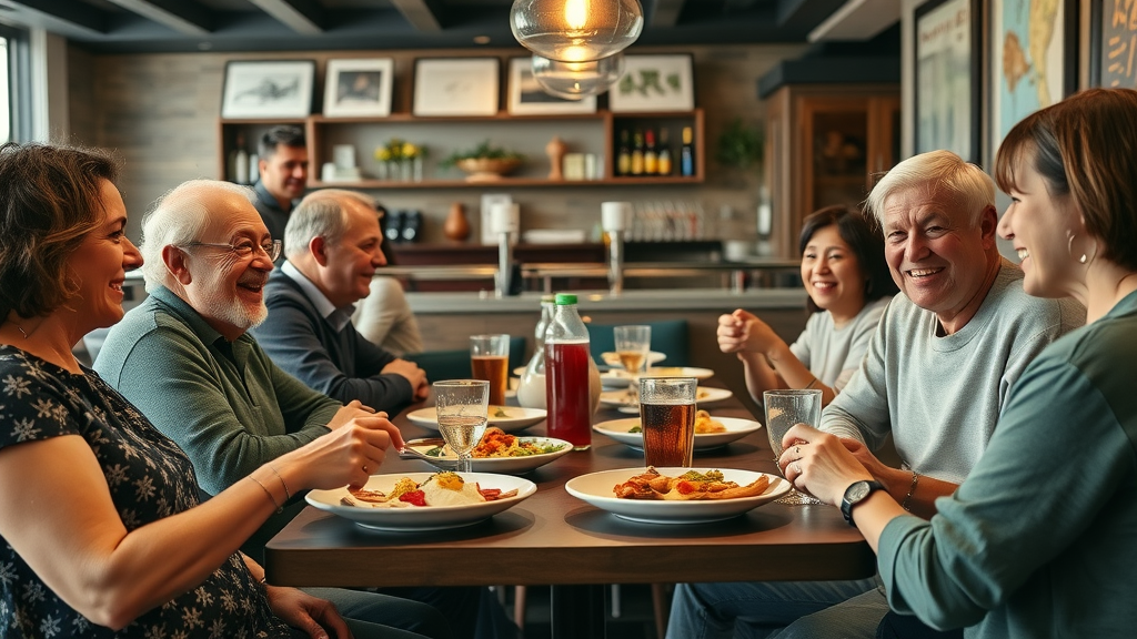 Cheerful group of Burnaby locals dining together in a cozy restaurant, best restaurant burnaby, bc, communal table, shared dishes and drinks, highly detailed, laughter and inviting interior