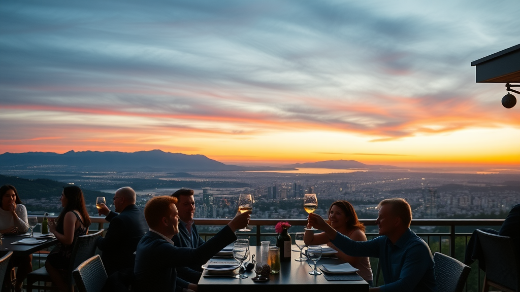 Restaurant patio on Burnaby Mountain at sunset, best restaurant burnaby, bc, panoramic city and mountain views, elegant table settings, twilight lighting
