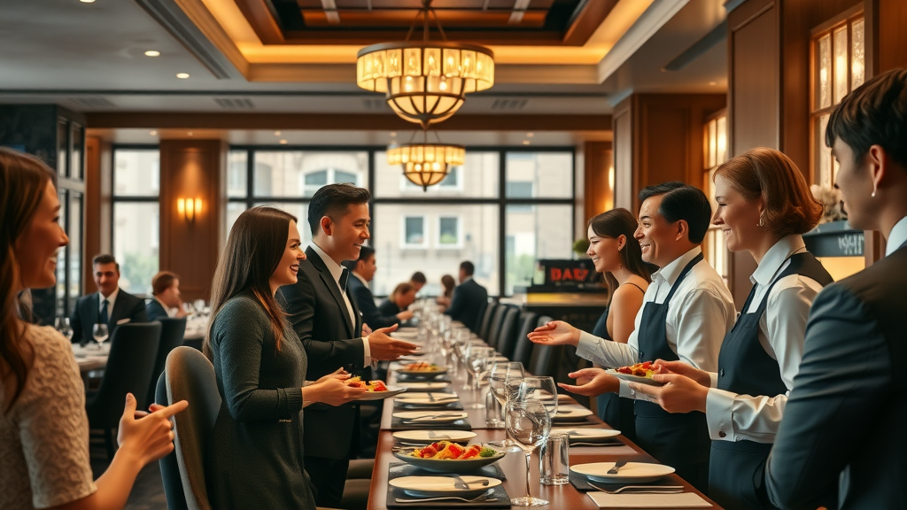 Elegant fine dining interior at best restaurant burnaby, bc, welcoming staff greeting guests, house restaurant, highly detailed, warm and chic setting, laughter and servers presenting food