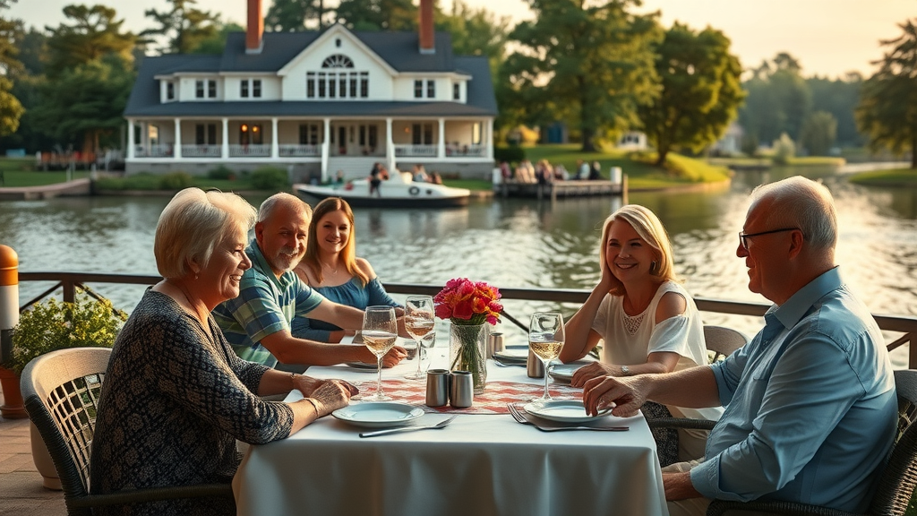 Picturesque lakeside dining at Hart House Restaurant, best restaurant burnaby, bc, couples and families relaxing, serene and refined, classic house with waterfront, sunlight reflecting off lake